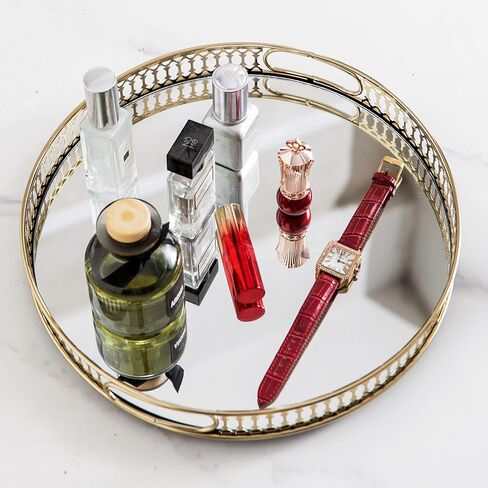 Perfume Tray Mirror Tray Gold Makeup Vanity Tray Hollow-Carved Jewelry Tray Metal Trinket Storage Tray Home Organizer Decorative Tray for for Dresser Bathroom Countertop (Gold) in Saudi Arabia