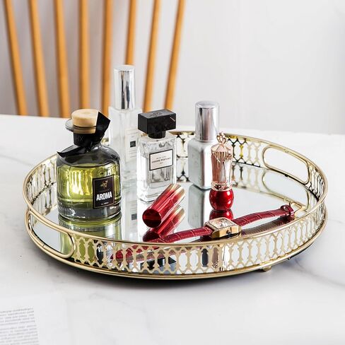 Perfume Tray Mirror Tray Gold Makeup Vanity Tray Hollow-Carved Jewelry Tray Metal Trinket Storage Tray Home Organizer Decorative Tray for for Dresser Bathroom Countertop (Gold) in Saudi Arabia