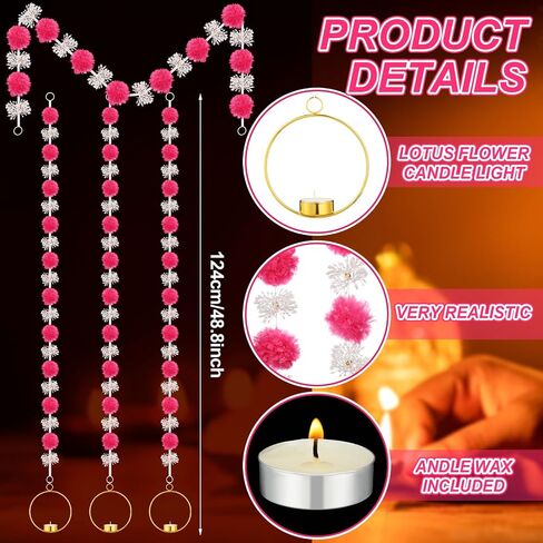 6 Sets Diwali Decorations Includes 4 Feet Artificial Marigold Flowers Garland for Hanging Tea Light Candle and Candles Holders for Indian Pooja Wedding Decor (Orange,Yellow,Pink,White,Lotus) in Saudi Arabia