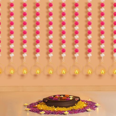 6 Sets Diwali Decorations Includes 4 Feet Artificial Marigold Flowers Garland for Hanging Tea Light Candle and Candles Holders for Indian Pooja Wedding Decor (Orange,Yellow,Pink,White,Lotus) in Saudi Arabia