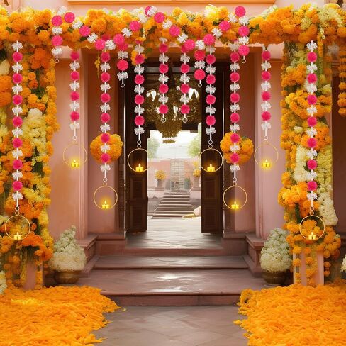 6 Sets Diwali Decorations Includes 4 Feet Artificial Marigold Flowers Garland for Hanging Tea Light Candle and Candles Holders for Indian Pooja Wedding Decor (Orange,Yellow,Pink,White,Lotus) in Saudi Arabia