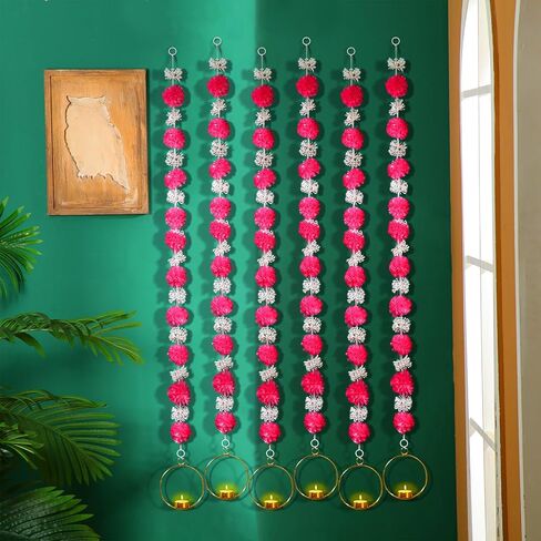 6 Sets Diwali Decorations Includes 4 Feet Artificial Marigold Flowers Garland for Hanging Tea Light Candle and Candles Holders for Indian Pooja Wedding Decor (Orange,Yellow,Pink,White,Lotus) in Saudi Arabia