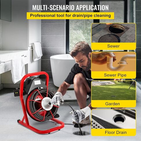 آلة VEVOR مقاس 50 قدمًا × 3/8 بوصة تناسب منظف الصرف المحمول للأنابيب من 1 إلى 4 بوصات مع 8 قطع أوجيه، أحمر + أسود in Saudi Arabia