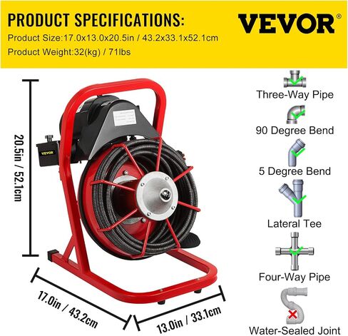 آلة VEVOR مقاس 50 قدمًا × 3/8 بوصة تناسب منظف الصرف المحمول للأنابيب من 1 إلى 4 بوصات مع 8 قطع أوجيه، أحمر + أسود in Saudi Arabia