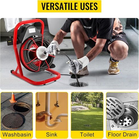 آلة VEVOR مقاس 50 قدمًا × 3/8 بوصة تناسب منظف الصرف المحمول للأنابيب من 1 إلى 4 بوصات مع 8 قطع أوجيه، أحمر + أسود in Saudi Arabia