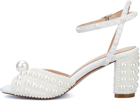 Goolita Pearl Heels For Women Mid Block Ankle Strap Heeled Sandals Round Open Toe Party Evening Bridal Shoes For Wedding in Saudi Arabia