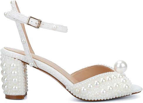Goolita Pearl Heels For Women Mid Block Ankle Strap Heeled Sandals Round Open Toe Party Evening Bridal Shoes For Wedding in Saudi Arabia