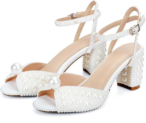 Goolita Pearl Heels For Women Mid Block Ankle Strap Heeled Sandals Round Open Toe Party Evening Bridal Shoes For Wedding in Saudi Arabia
