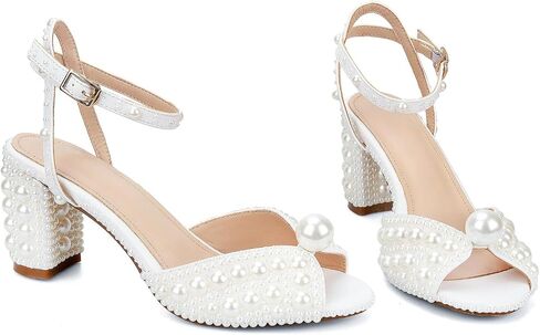 Goolita Pearl Heels For Women Mid Block Ankle Strap Heeled Sandals Round Open Toe Party Evening Bridal Shoes For Wedding in Saudi Arabia