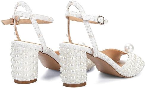 Goolita Pearl Heels For Women Mid Block Ankle Strap Heeled Sandals Round Open Toe Party Evening Bridal Shoes For Wedding in Saudi Arabia