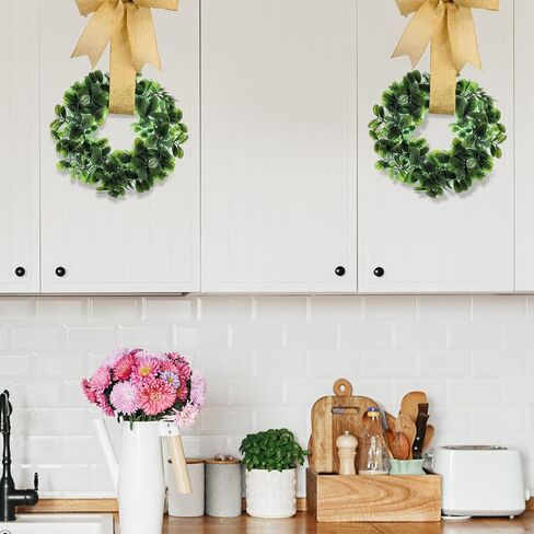 Artificial Mini Green Boxwood Wreath (2 Pack) Cabinet Wreath| 9" Realistic Leaf | Mini Faux Wreaths for Front Door Décor | Farmhouse Wreath Faux Spring Wreath | Small Faux Kitchen Cabinet Wreaths in Kuwait