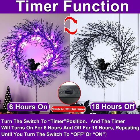 TURNMEON 22 بوصة إكليل الهالوين مع مؤقت الغربان 30 أضواء LED أرجوانية لديكور الباب الأمامي تعمل بالبطارية بريق أسود متلألئ إكليل الهالوين ديكورات داخلية وخارجية للمنزل وحفلات المنزل in Saudi Arabia