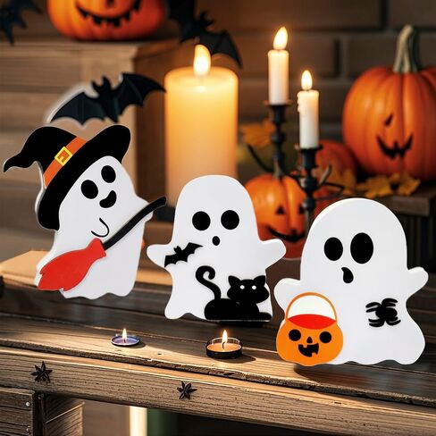 3 Pieces Cute Ghost Halloween Decorations for Indoors, Halloween Wooden Tiered Tray Decor, Witch Signs, Bat, Black Cat Ghost, for Party Home Shelf Display in Saudi Arabia