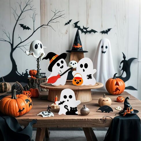 3 Pieces Cute Ghost Halloween Decorations for Indoors, Halloween Wooden Tiered Tray Decor, Witch Signs, Bat, Black Cat Ghost, for Party Home Shelf Display in Saudi Arabia