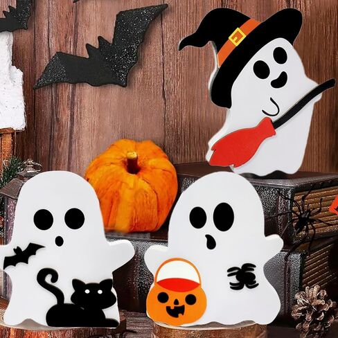 3 Pieces Cute Ghost Halloween Decorations for Indoors, Halloween Wooden Tiered Tray Decor, Witch Signs, Bat, Black Cat Ghost, for Party Home Shelf Display in Saudi Arabia