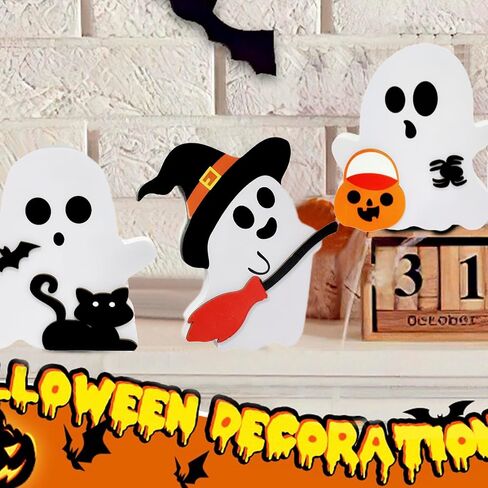 3 Pieces Cute Ghost Halloween Decorations for Indoors, Halloween Wooden Tiered Tray Decor, Witch Signs, Bat, Black Cat Ghost, for Party Home Shelf Display in Saudi Arabia