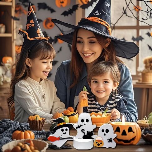 3 Pieces Cute Ghost Halloween Decorations for Indoors, Halloween Wooden Tiered Tray Decor, Witch Signs, Bat, Black Cat Ghost, for Party Home Shelf Display in Saudi Arabia