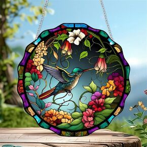 Hummingbird Flowers Stained Acrylic Window Hanging Panels Indoor Outdoor Round Windows Hanger Kitchen Bedroom Garden Wall Art Decor Gifts for Women Mom Grandma Teacher