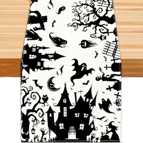 Halloween Table Runner Decorations, Black White Haunted House Tree Ghost Bat Witch Halloween Seasonal Tabletop Runner for Kitchen Dinning Home Indoor Party Decor 13x72in