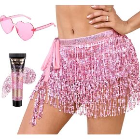 Womens Sequin Tassel Skirt Belly Dance Hip Scarf Sparkly Fringe Skirt Set with Heart Sunglasses and Face Glitter for Party