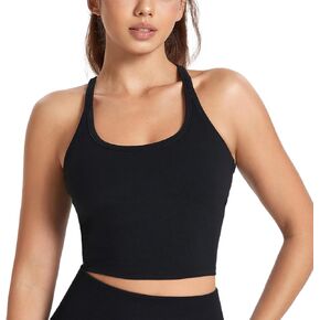 Women Racerback Longline Sports Bra U Neck Padded Tank Tops Wirefree Running Workout Yoga Bra Casual Crop Tops