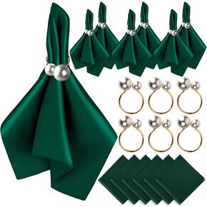 VIJIV 12 Pack Cloth Napkins and Gold Napkin Rings Set of 6, 17x17 Square Satin Dinner Table Napkins Personalized Napkins Cocktail Napkins Bridal Shower Napkins for Wedding Reception Party Decorative