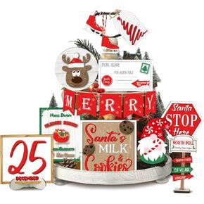 15 Pcs Christmas Tiered Tray Decor Christmas Elk Gnome Santa Wooden Signs Farmhouse Christmas Tier Tray Decorations Set Wooden Decor for Xmas Winter Party Kitchen Home