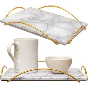 Serving Tray with Handles | 12" x 8" Marble Tray for Food, Snacks, and Events Decorative Tray | Breakfast Dinner Ottoman Tray Coffee Table Decor Serving Trays with Silver Handles by Museo