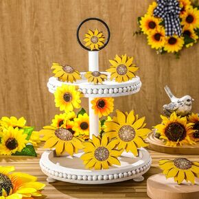 8 Pcs Sunflower Tiered Tray Decor Summer Sunflower Wood Signs Rustic Mini Wooden Decorative Standing Blocks Farmhouse Sunflower Table Decor for Table Home Kitchen Mantel Shelf