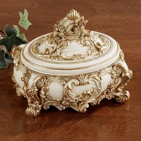 Touch of Class Oliviana Covered Box - Resin - Ivory, Gold - Victorian Style - Acanthus Leaves - Vintage Decor for Jewelry, Trinkets, Keys - Place in Bedroom, Bathroom, Foyer, Entryway