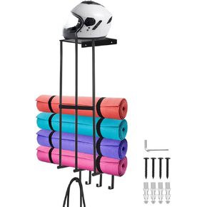 QWORK Camping Chair Wall Storage Rack - Stainless Steel Garage Organizer with Floating Shelf and 4 Hooks, Black