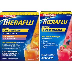 Theraflu Combo Daytime and Nighttime Severe Cold Relief Honey Lemon Flavor Powder​ and Daytime Severe Cold Relief Berry Burst Flavor Powder, ​6 Daytime + 6 Nighttime, and 6 Berry Burst Powder Packets