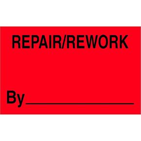 Tape Logic TLDL1162 Labels "Repair/Rework by", 1 1/4" x 2", Fluorescent Red, 1 Roll of 500 Labels