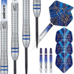Unicorn Steel Tip Darts Set | Gary 'The Flying Scotsman' Anderson Phase 3, 5, 6 World Champion | 90% Natural Tungsten Barrels with Blue Accents | Presentation Packaging | 21g, 22g, 23g, 24g, 25g, 27g