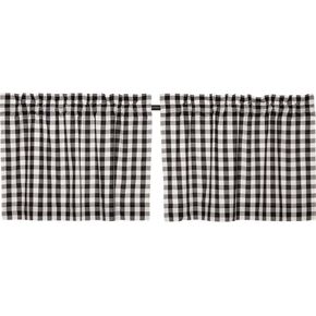 VHC Brands Annie Buffalo Check Cotton Farmhouse Kitchen Curtains Rod Pocket 24x36 Tier Pair, Black