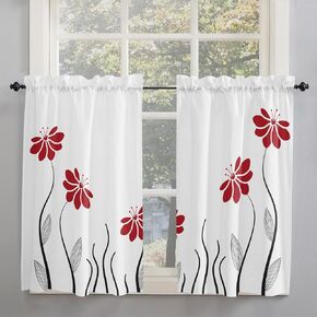 Red Modern Kitchen Curtain Vintage Floral Striped Leaves Lines Geometrical Printed