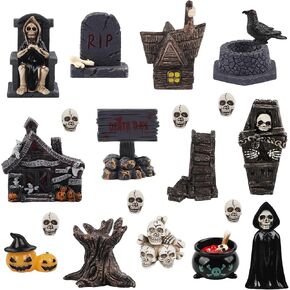 21 PCS Halloween Miniatures Figurines Halloween Resin Figures Halloween Miniature Tombstones Miniatures Skeleton Pumpkin Ghost Ornaments for Halloween Party Favors Fillers Home Tabletop Decor