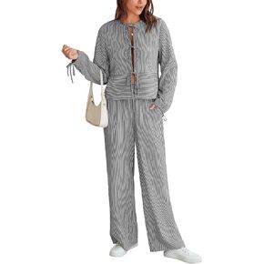 Yousify Women's 2 Piece Outfits Striped Long Sleeve Tie Front Tops and Wide Leg Pants PJ Lounge Sets Sleepwear 2024