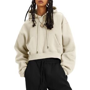 Flygo Womens Fleece Hoodie Sweatshirt Cropped Drawstring Hooded Crop Tops Pullover with Kangaroo Pocket