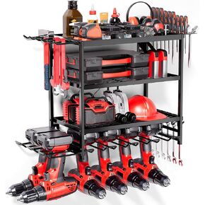 Power Tool Organizer Wall Mount Heavy Duty Metal Tool Shelf Drill Holder Power Tool Storage Rack 6 Drill Holder 4 Layer 12 Hooks Tool Organizer
