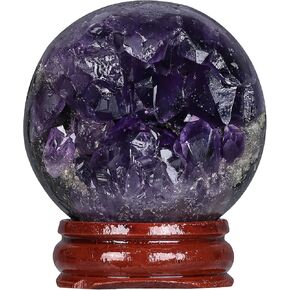 mookaitedecor Amethyst Geode Crystal Ball with Wooden Stand, Feng Shui Stone Sphere Energy Cave for Home Decoration Divination, 2.4-2.76 Inches