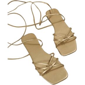 GORGLITTER Women's Metallic Lace Up Sandals Tie Up Open Toe Flat Sandals