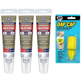 GE Advanced Silicone II Bundle: Three 2.8 fl. oz. Tubes of GE284 Silicone Sealant (Clear) and Dap Cap Caulk Finishing Tool
