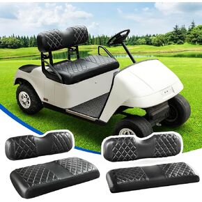 NOKINS 4PCS Golf Cart Diamond Seat Covers Kit, Front&Rear Seat Covers Fits EZGO TXT 1994-2013/EZGO RXV OEM Ordinary Seat Cushion, No Need to Staples, Durable Breathable Vinyl (Black&Black Stitch)