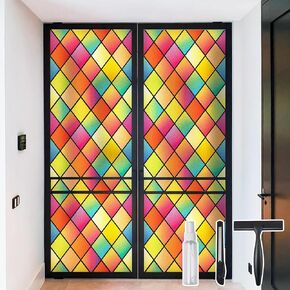 DKTIE Window Privacy Film: Rainbow Geometry Stained Glass Window Film Frosted Glass Window Film Bathroom Window Privacy Film Non-Adhesive Heat Control (C547, 17.7" x 78.7" + Tools)