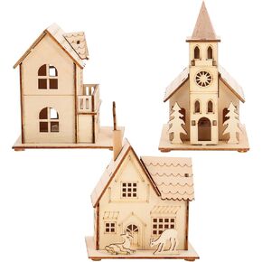 jojofuny 3pcs LED Light up Wooden Christmas House Village Decorations Unfinished Wood Xmas House DIY Wood Chalet Tree Ornaments Christmas Table Centerpieces