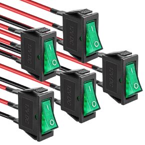 QTEATAK KCD3 SPST Pre-Wired On/Off 3-Pin 2-Position Snap DC 12V-24V 30A Green LED Boat Rocker Toggle Switch - 5Pack (Only for DC12-24V)