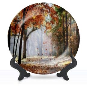 Ceramic Hanging Decorative Plate Falling oak leaves on the scenic autumn forest illuminated by morning Wall Plate Ceramic Ornament for Home & Office, Dining, Parties, Wedding 10" Collector Plate