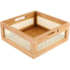 Woven Wooden Basket Wood Storage Crate Box, Decorative Rustic Basket Bamboo Basket with Built-In Handles for Kitchen Pantry, Cabinet, Office, Bedroom, Rustic Country Decor (Brown)