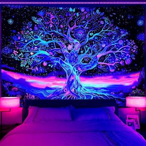 Invoibler Blacklight Tree of Life Tapestry UV Reactive Tree Tapestries Neon Star Tapestry Fantasy Forest Tapestry Aesthetic Plant Wall Decor Wall Hanging for Bedroom(59.1 x 82.7 inches)